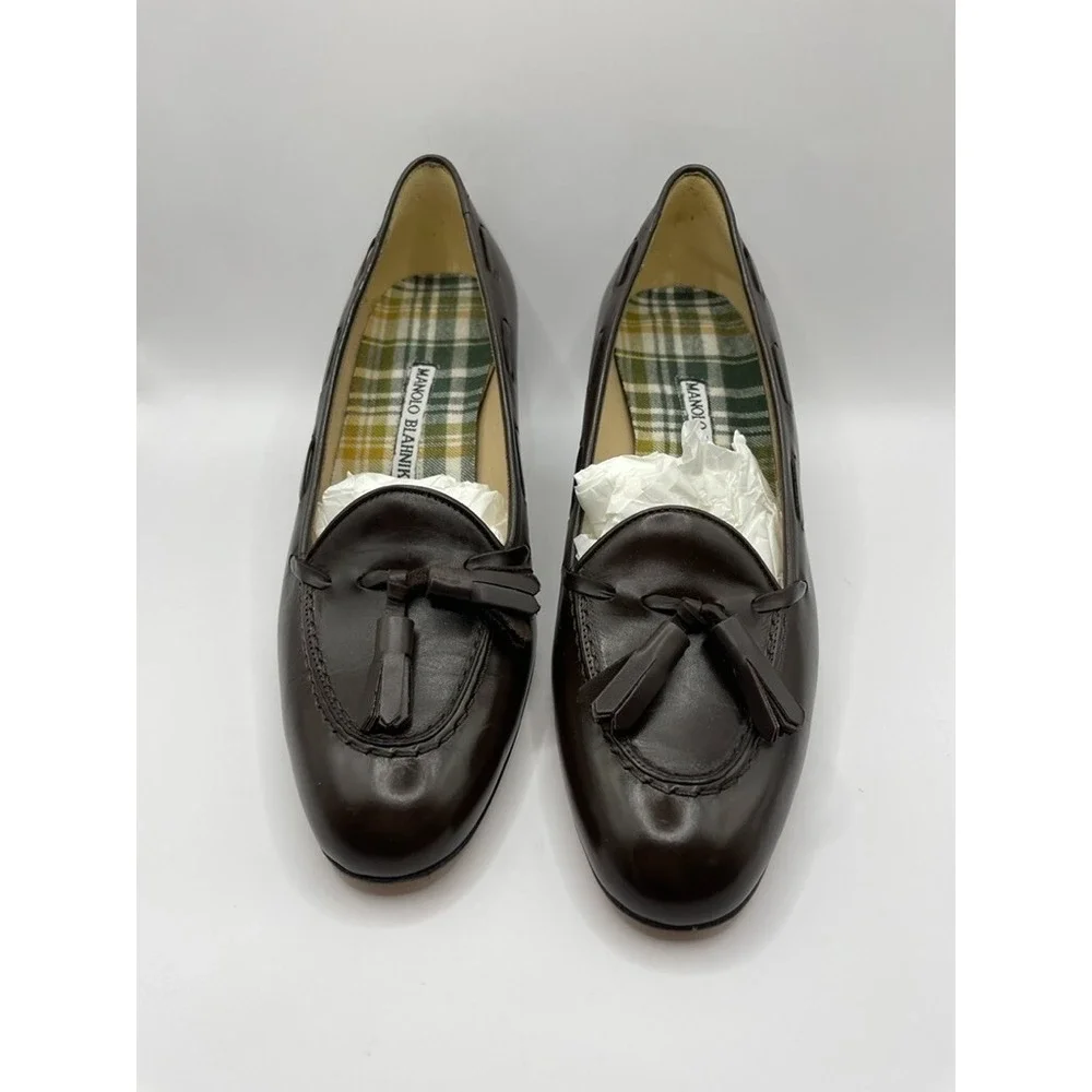 Vintage Manolo Blahnik Leather Pump EU 36.5 Brown Tassel Kitten Heels NIB $795